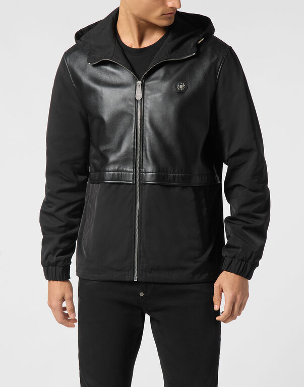 Nylon/Leather Hooded Jacket LS black