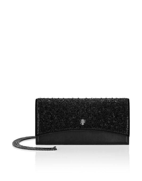 Suede Crystal Baguette Handle Bag Skull black