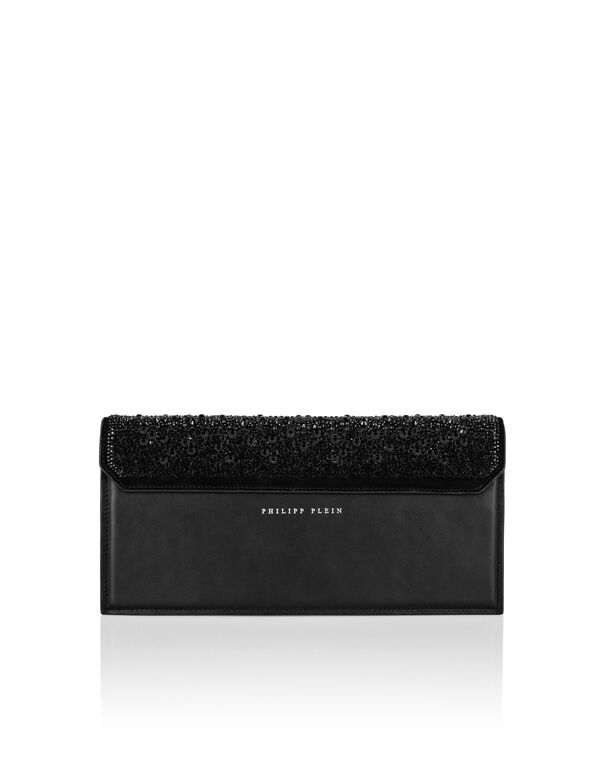 Suede Crystal Baguette Handle Bag Skull black