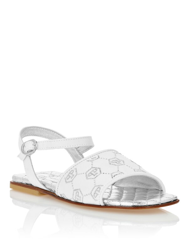 Satin Flat Sandals Monogram Strass white