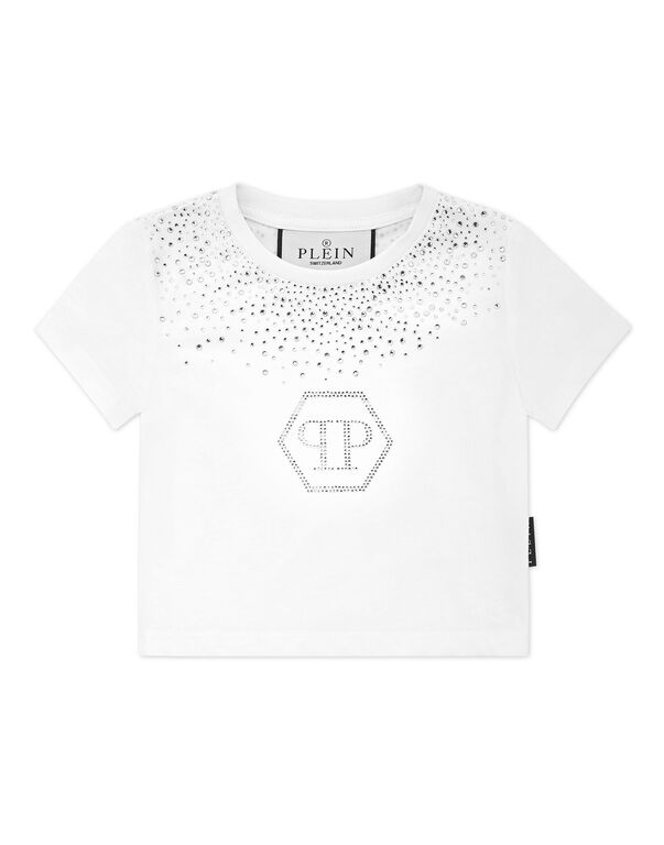 Cropped T-shirt Strass Round Neck SS Hexagon white