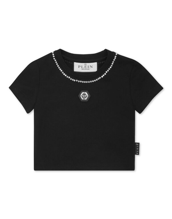 Cropped T-shirt Strass Round Neck SS black