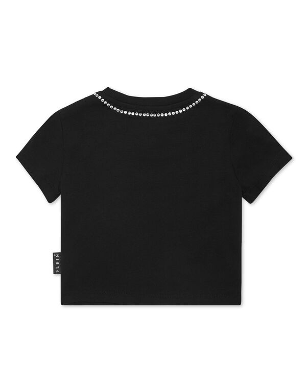 Cropped T-shirt Strass Round Neck SS black
