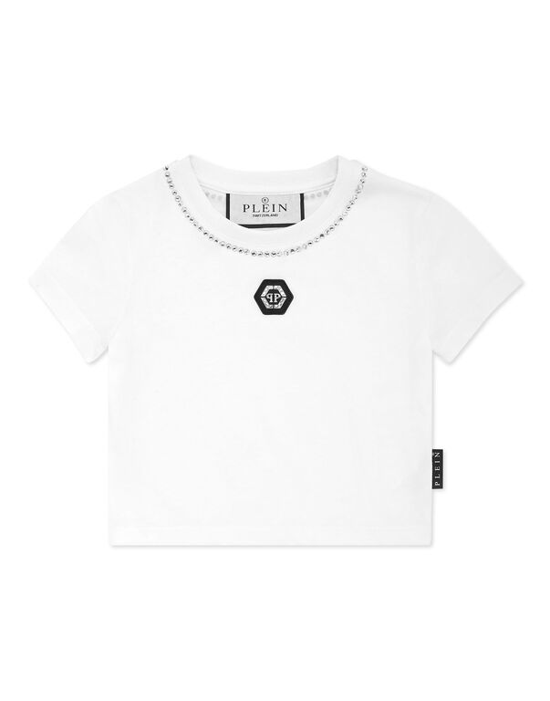 Cropped T-shirt Strass Round Neck SS white