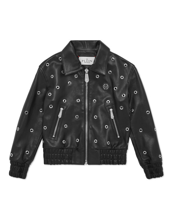 Cropped Leather Bomber LS Eyelet black