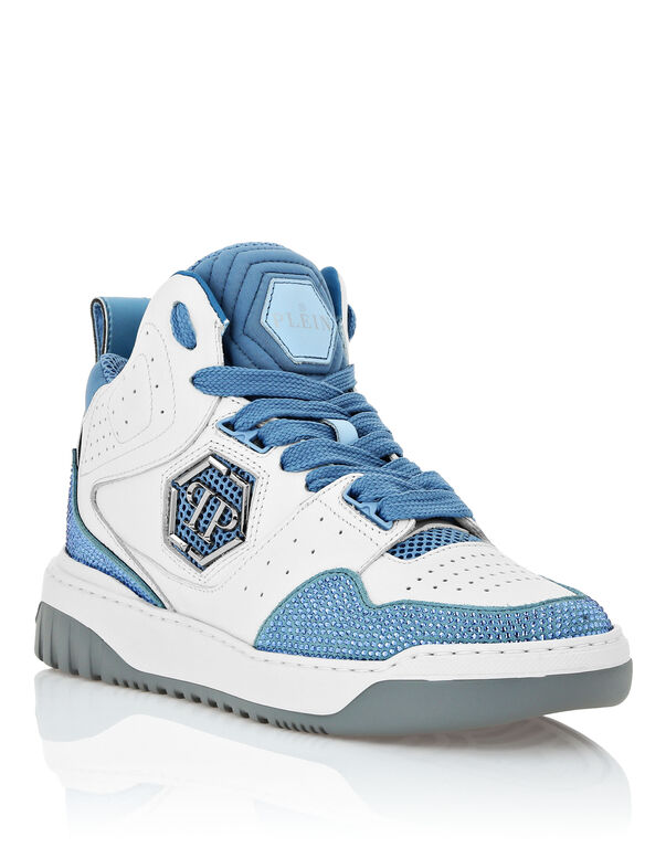 Mix Leather Hi-Top Sneakers Crystal white / light blue