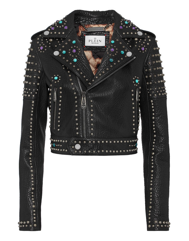 Vintage Leather Cropped Biker Jacket Studs black