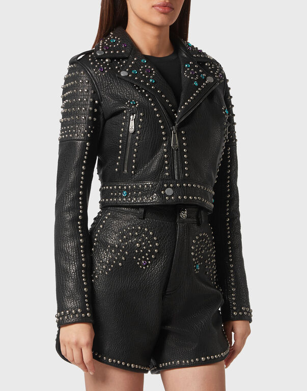 Vintage Leather Cropped Biker Jacket Studs black