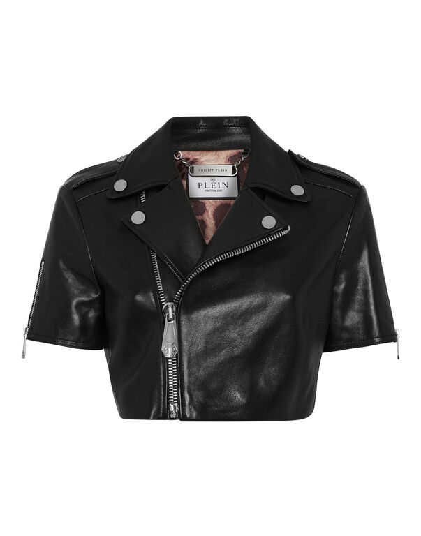 Leather Cropped Biker Short Sleeve Jacket black