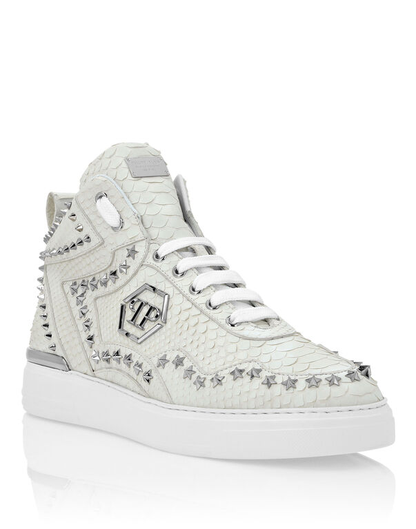 Python Leather Mid-Top Sneakers Studs white