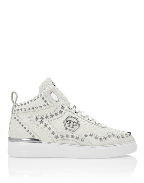 Python Leather Mid-Top Sneakers Studs white