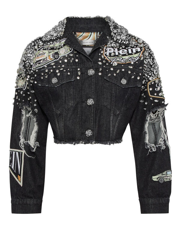 Denim Cropped Jacket LS Stones Cars Racing Riot Black