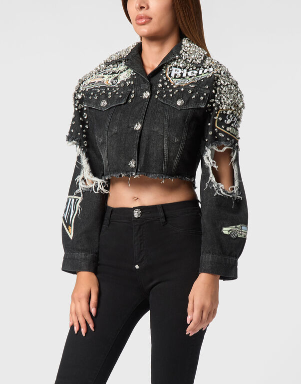 Denim Cropped Jacket LS Stones Cars Racing Riot Black