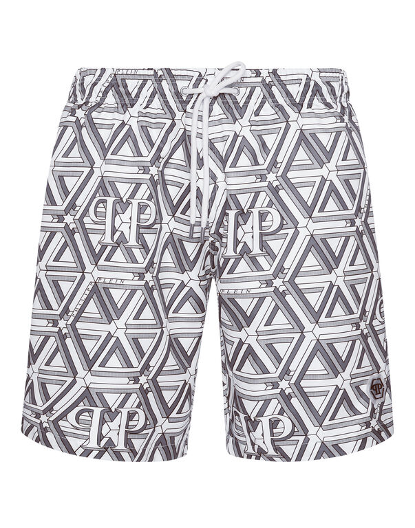 Jogging Printed Shorts with Hexagon Monogram white