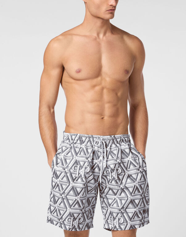 Jogging Printed Shorts with Hexagon Monogram white