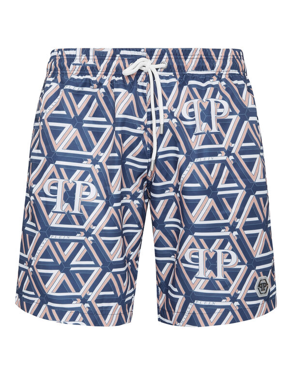 Jogging Printed Shorts with Hexagon Monogram dark blue