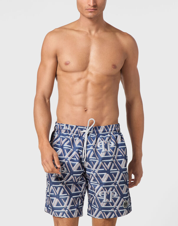 Jogging Printed Shorts with Hexagon Monogram dark blue