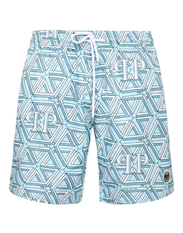 Jogging Printed Shorts with Hexagon Monogram light blue