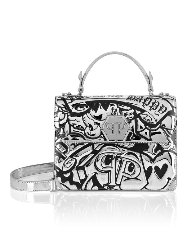 Mirror Leather Handle Bag Superheroine Smile Silver
