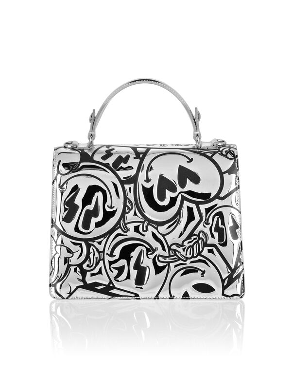 Mirror Leather Handle Bag Superheroine Smile Silver