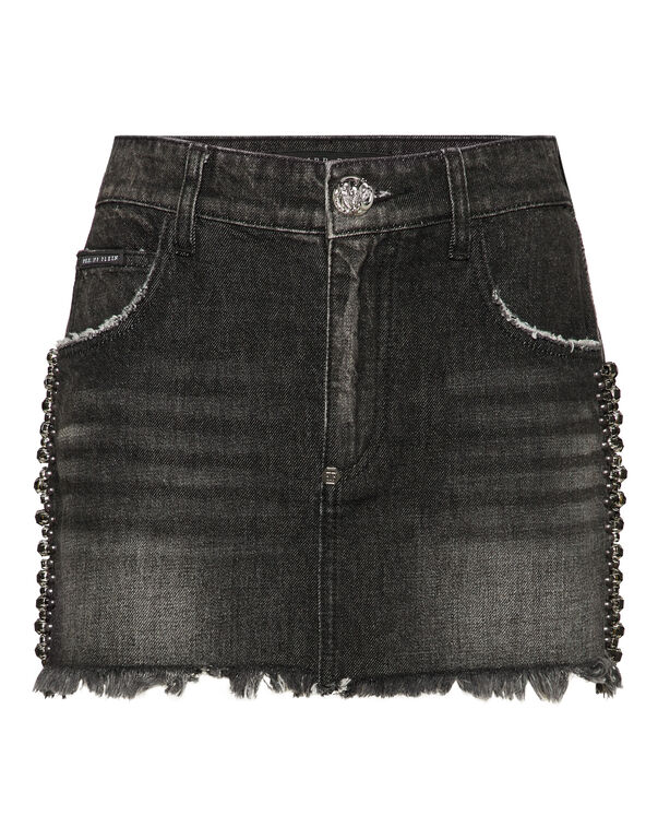 Denim Mini Skirt Rib Strass Riot Black