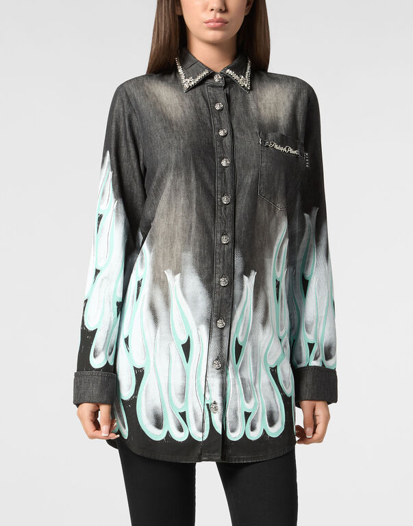 Denim Shirt LS Flame Racing Riot Black